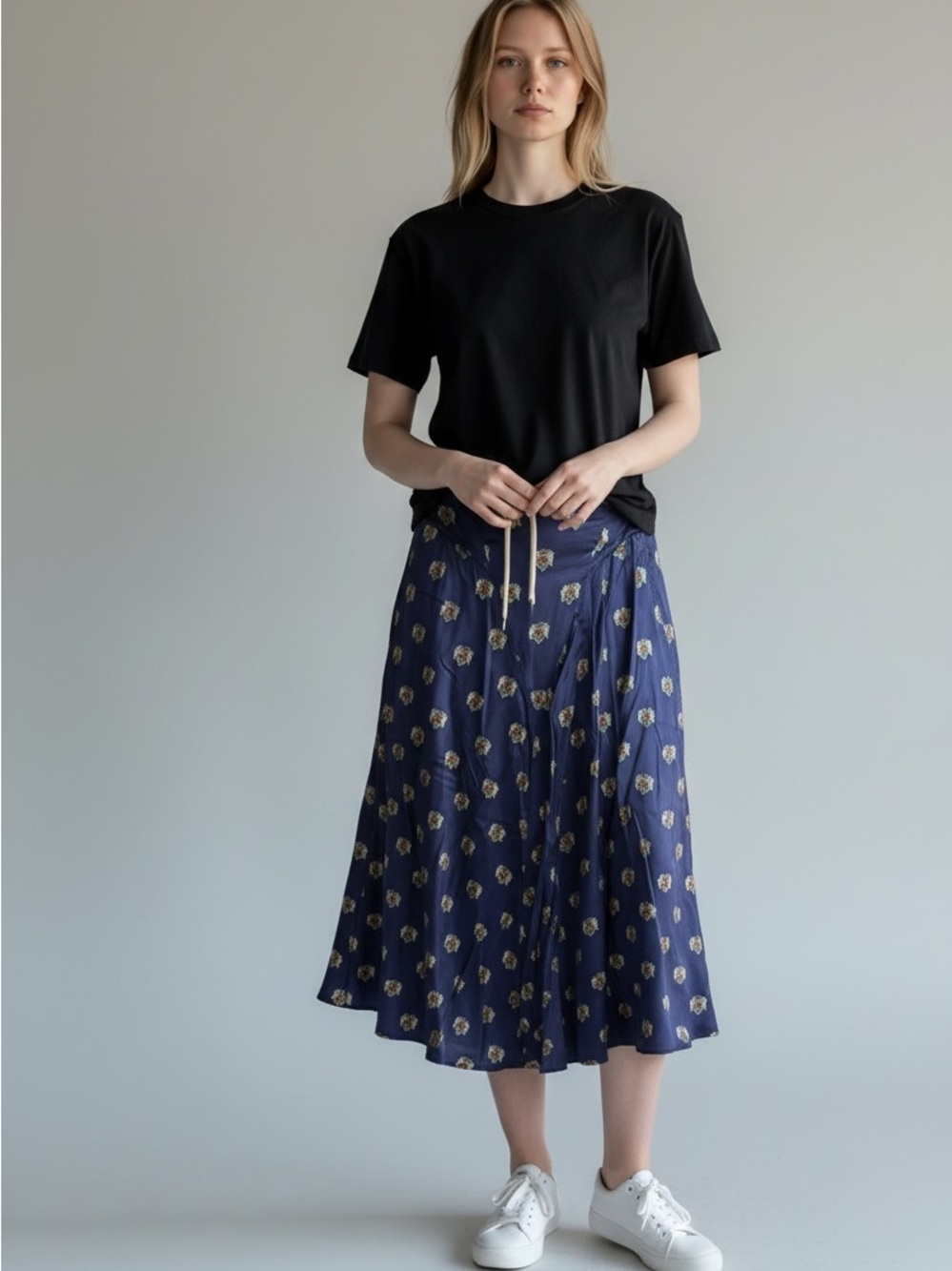 jocelyn Navy Floral Midi Skirt with Gold Print